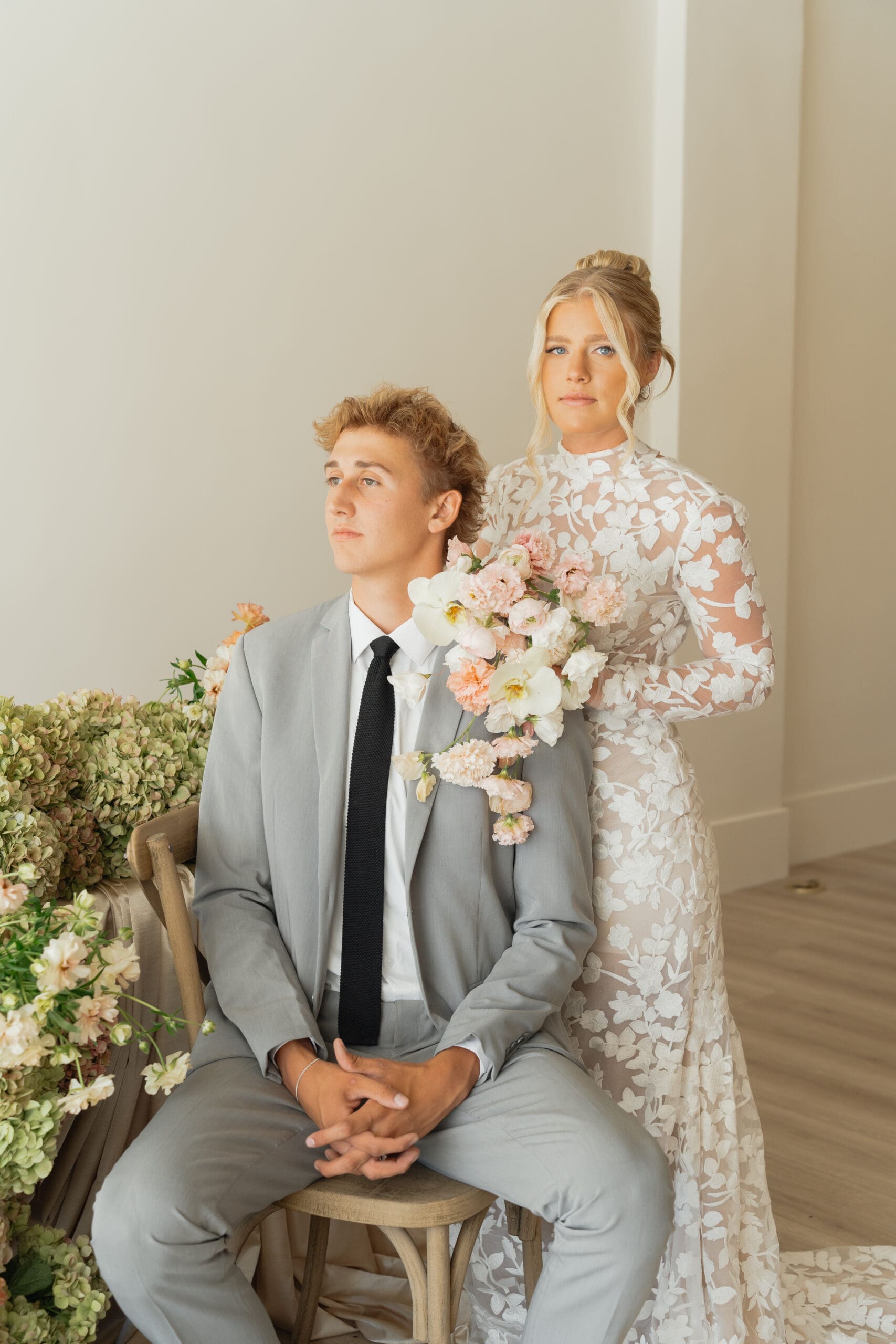 Bridal portraits in soft natural light at a stylish wedding venue in Utah County.
